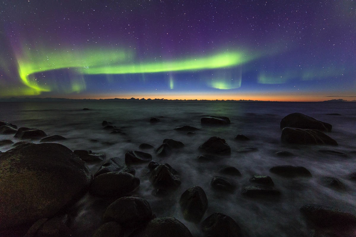 northern lights just after sunset